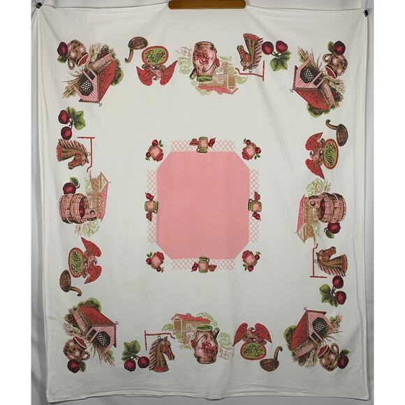 Tablecloth Blue White Embroidered Floral Striped Edge Vintage READ - Picture 1 of 14